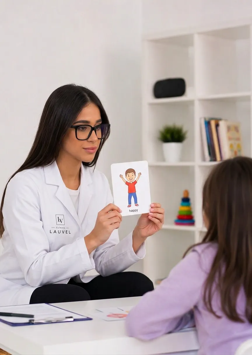 Logopeda de Clínica LAUVEL mostrando una tarjeta didáctica a una niña en sesión